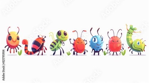 Modern cartoon set with funny bugs  beetles  ladybirds  mosquitoes and earthworms isolated on a white background.