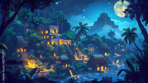 An ancient Aztec village with a temple, statues, and stone buildings at night. Modern illustration of a summer landscape with tropical forest and a pyramid.