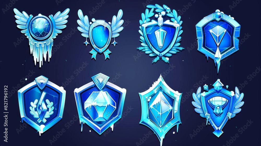 An illustration set of ice award badges, ranking game level icons. Isolated bonus graphics, rank frames, reward, and trophy modern elements. An illustration set of ice award badges, ranking game level icons. Isolated bonus graphics, rank frames, reward, and trophy modern elements.