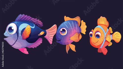 Cartoon set of four of cute sea fish isolated on dark