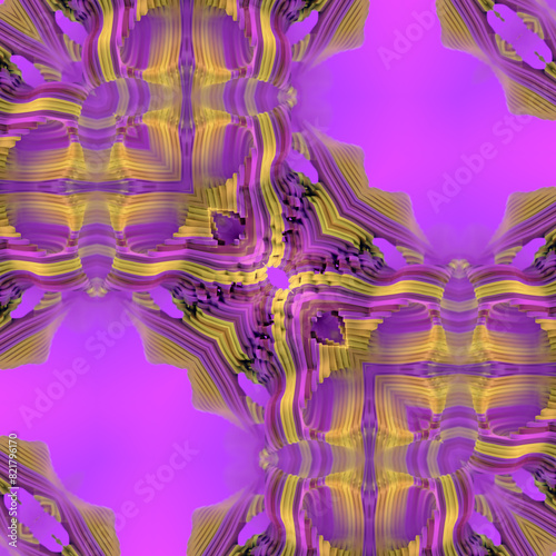 Abstract symmetrical digital illustration of intricate yellow and purple wavy contours. 3d rendering