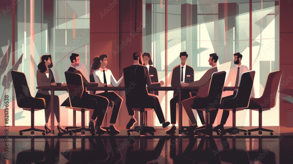 Modern illustration of business meeting in a conference room. People work in teams in a boardroom. Modern illustration of teamwork, communication, and training for executives and managers. Modern illustration of business meeting in a conference room. People work in teams in a boardroom. Modern illustration of teamwork, communication, and training for executives and managers.