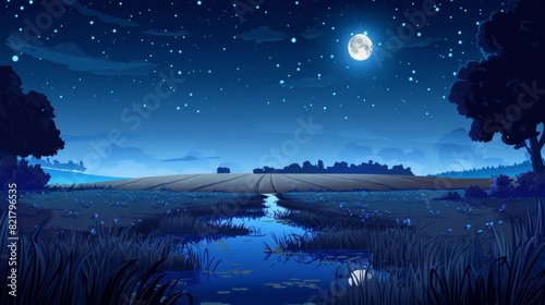 Meadow, rural field, pond, and road in the dark under a dark blue starry sky, with the full moon and stars reflecting in the water. Rustic farmland scenery countryside nature background, cartoon photo