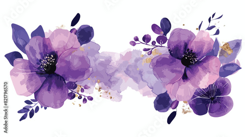 Purple watercolor embellished floral frame golded isolated
