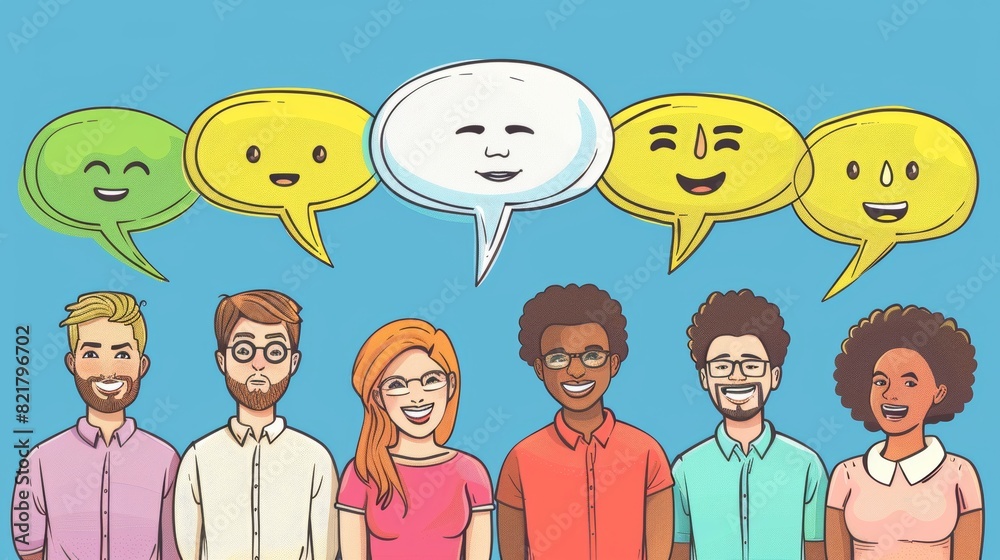 The communication bubbles of a multiracial team of people of different ...