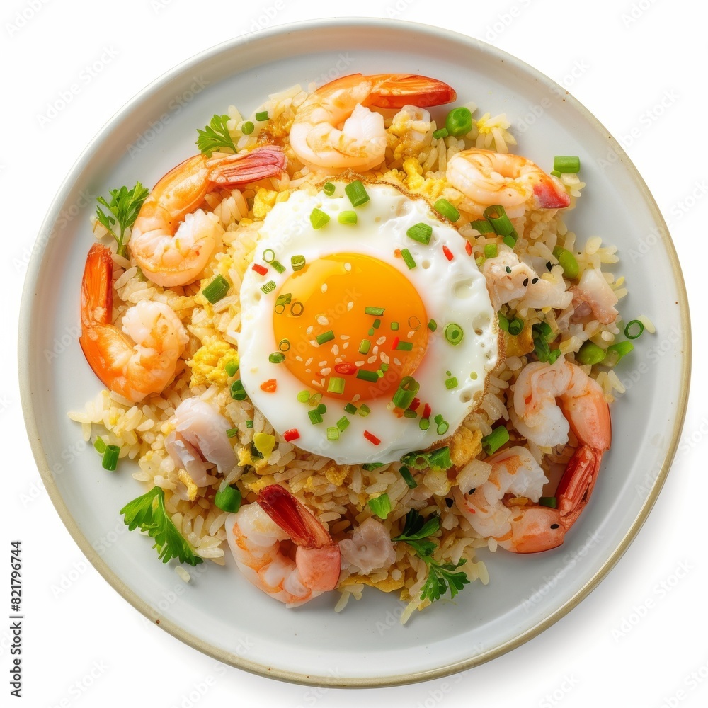 nasi goreng. Fried Rice with fried egg, chicken and shrimp. seafood fried rice nasi goreng. Fried Rice with fried egg, chicken and shrimp. seafood fried rice
