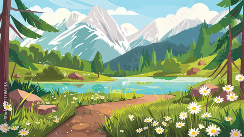 Cartoon summer landscape with forest lake and mountai photo
