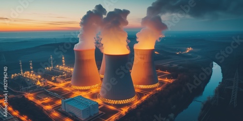 Aerial view of a nuclear power plant at sunset with cooling towers emitting steam and lights illuminating the facility.