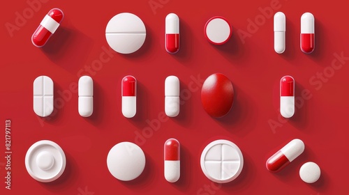 Medicines and tablets, red and white capsules with granules, oval, rhombus and round pills. Painkillers, antibiotics, contraception, bioactive additives, realistic 3D modern set. photo