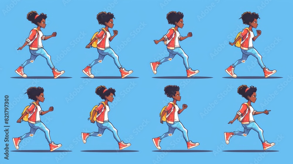 A woman walking animation, sequence cycle for a game. A girl walking, walking motion sprite sheet with African Americans. A person passing by, pedestrian motion. Cartoon flat line art illustration