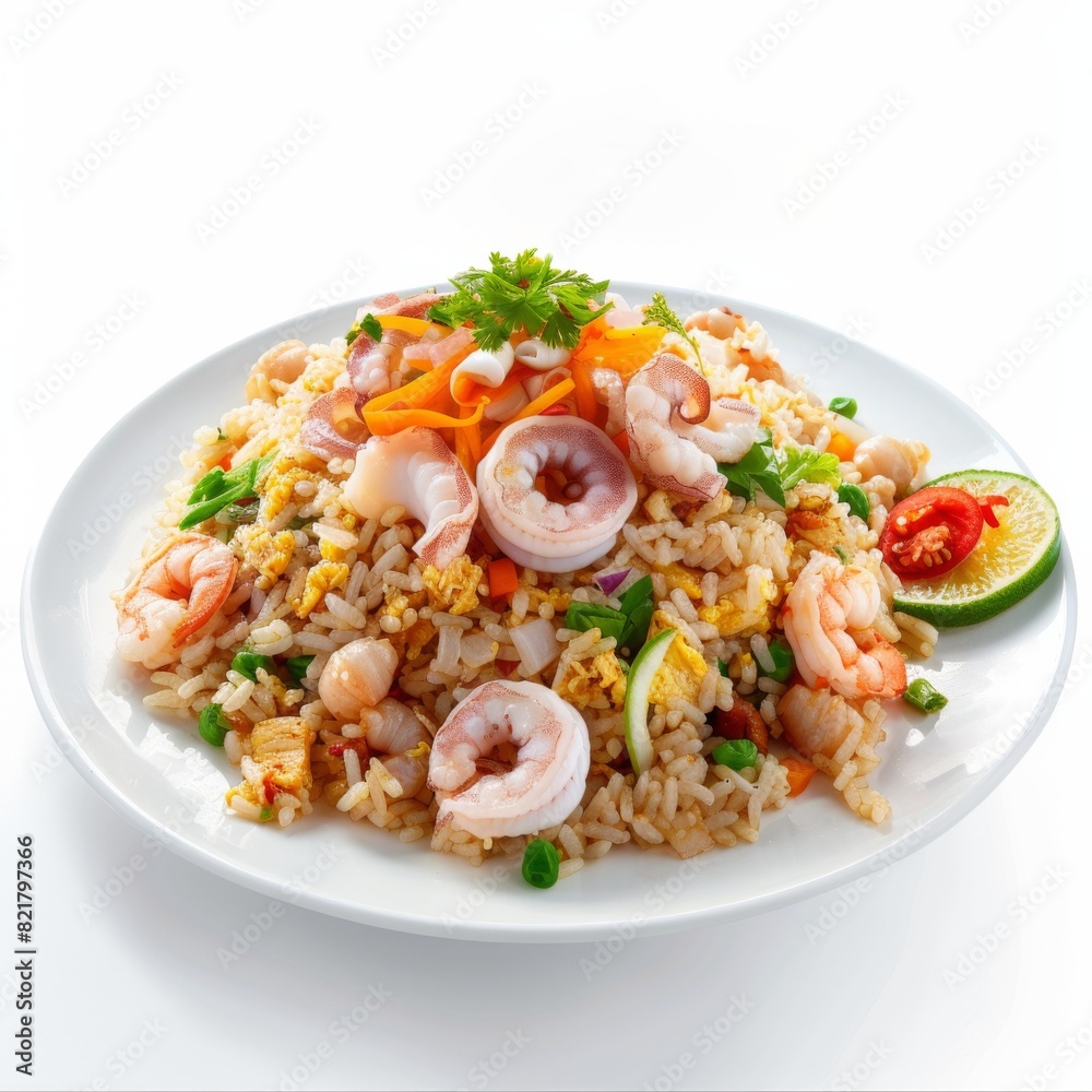 nasi goreng. Fried Rice with fried egg, chicken and shrimp. seafood fried rice nasi goreng. Fried Rice with fried egg, chicken and shrimp. seafood fried rice