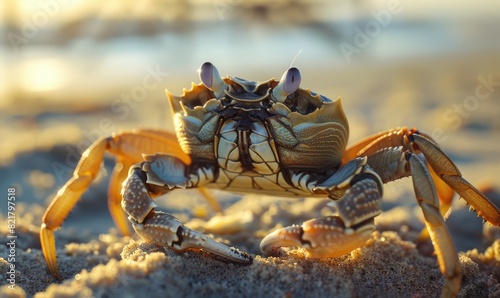 A vividly detailed crab stands alert on a sandy beach, bathed in the warm golden light of the setting sun creating a serene scene © Daniela