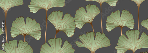 Luxurious botanical design with green leaves of ginkgo biloba on a dark serm background. Botanical vector wide horizontal background.