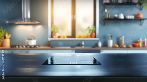 Table top with blurred room  sink  and cupboards in background. Modern illustration of an empty black countertop surface and defocused modern kitchen interior.