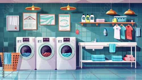 A poster advertising a laundry service with automatic washing machines, detergents in bottles, dirty clothes in baskets. A modern banner of a public launderette room. photo