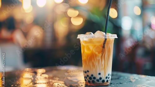 Bubble tea is a popular drink that originated in Taiwan. It's made with tea, milk, and tapioca pearls. photo