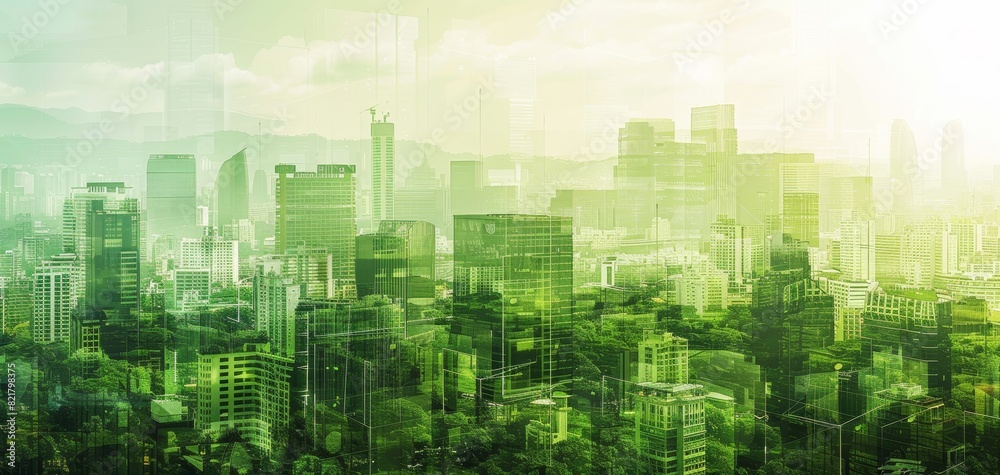 Green cityscape with modern buildings blending nature and urban environment, emphasizing sustainability and eco-friendly urban planning.