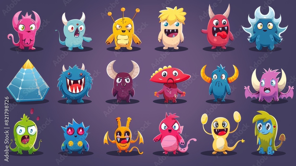 A modern cartoon set of funny comic creatures with teeth, horns, mushrooms, pyramids, and mushrooms on their heads. A modern cartoon set of funny comic creatures with teeth, horns, mushrooms, pyramids, and mushrooms on their heads.