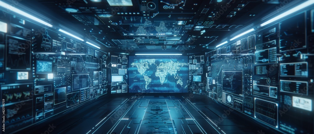 Futuristic technology room with digital displays and world map, showcasing advanced data and graphics. High-tech, modern control center concept. Futuristic technology room with digital displays and world map, showcasing advanced data and graphics. High-tech, modern control center concept.