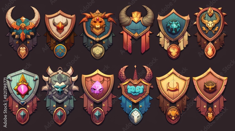 Cartoon modern set of game avatar frames with wings and horns, for level UI icons, wooden shields or banners with animal shapes. Isolated 2D graphic elements, for reward, trophy, achievement, and Cartoon modern set of game avatar frames with wings and horns, for level UI icons, wooden shields or banners with animal shapes. Isolated 2D graphic elements, for reward, trophy, achievement, and