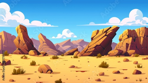 AZ desert landscape with golden sand dunes and stones in a wild west pattern. This illustration depicts a cracked yellow sandy surface with arch rock structures, part of a cartoon illustration of the photo