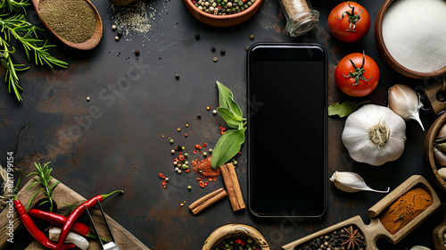 Fototapeta Naklejka Na Ścianę i Meble -  Dish recipe concept, on an isolated background scattered spices and phone screen for notes