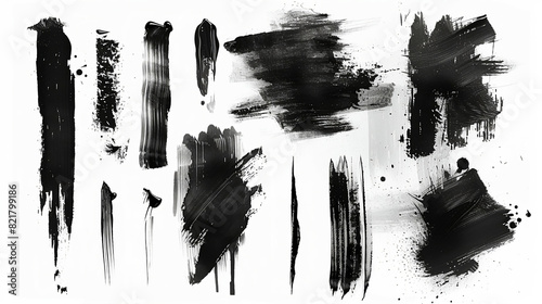 Black ink stencils. Paintbrush, splash, spray, ink splatter and paint marks. Artistic graphic box, black blots, grunge brush strokes line black and grunge frames for text.