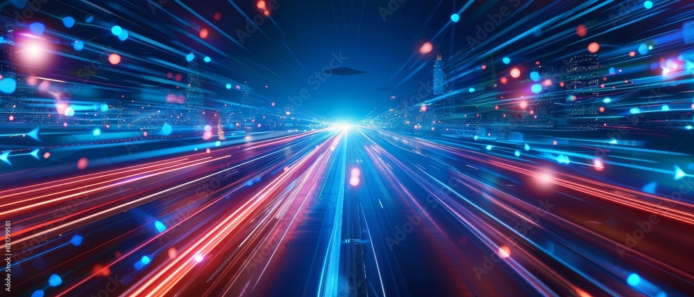 Futuristic neon lights create a dynamic, high-speed effect, representing technology, speed, and innovation in a vibrant digital space. Futuristic neon lights create a dynamic, high-speed effect, representing technology, speed, and innovation in a vibrant digital space.