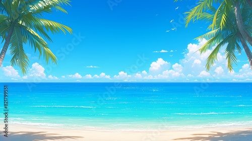 Serene Tropical Oasis  Swaying Palm Trees  Crystal Blue Waters  and Golden Sunshine on the Idyllic Beach   Paper art of tropical beach with blue ocean  palm trees  sky and sun  summer concept illustrat