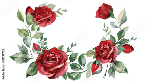 Red rose watercolor wreath for wedding birthday card