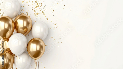 Golden balloons with confetti and ribbons.Party balloon on white background. Wedding postcards.Festive background with golden balloons and scattered golden confetti.