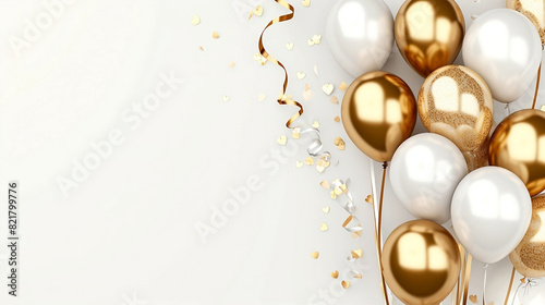 Golden balloons with confetti and ribbons.Party balloon on white background. Wedding postcards.Festive background with golden balloons and scattered golden confetti.