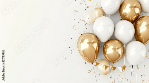 Golden balloons with confetti and ribbons.Party balloon on white background. Wedding postcards.Festive background with golden balloons and scattered golden confetti.
