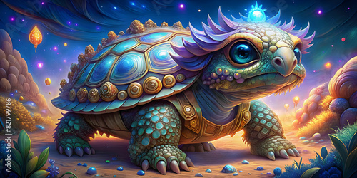 A majestic cute baby tortoise adorned with sparkling diamonds  its shell reflecting the light of a thousand stars.