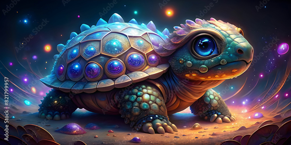 A majestic cute baby tortoise adorned with sparkling diamonds, its shell reflecting the light of a thousand stars. A majestic cute baby tortoise adorned with sparkling diamonds, its shell reflecting the light of a thousand stars.