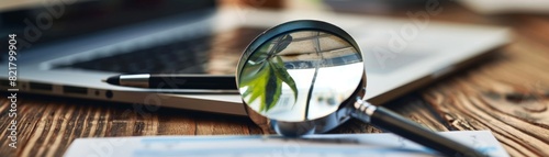 Business concept: magnifying glass and glasses rest on a mirror near financial papers, symbolizing close examination of financial details © Preyanuch