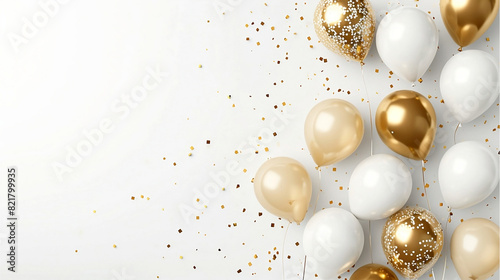 Golden balloons with confetti and ribbons.Party balloon on white background. Wedding postcards.Festive background with golden balloons and scattered golden confetti.