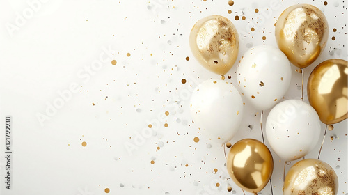 Golden balloons with confetti and ribbons.Party balloon on white background. Wedding postcards.Festive background with golden balloons and scattered golden confetti.