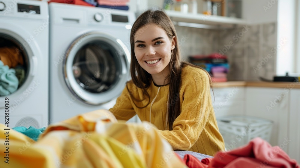 A woman is smiling while sitting on a pile of clothes A woman is smiling while sitting on a pile of clothes