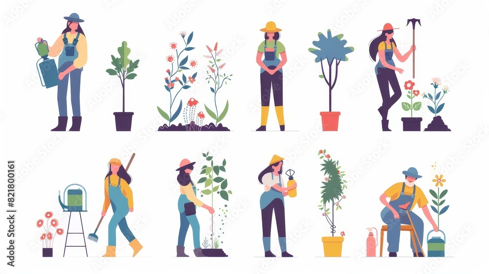 Farmers work in gardens, farms, and yards, sowing seeds, pruning trees, watering flowers, and harvesting. Diverse men and women with shovels, scissors, watering cans and spray bottles, modern flat Farmers work in gardens, farms, and yards, sowing seeds, pruning trees, watering flowers, and harvesting. Diverse men and women with shovels, scissors, watering cans and spray bottles, modern flat