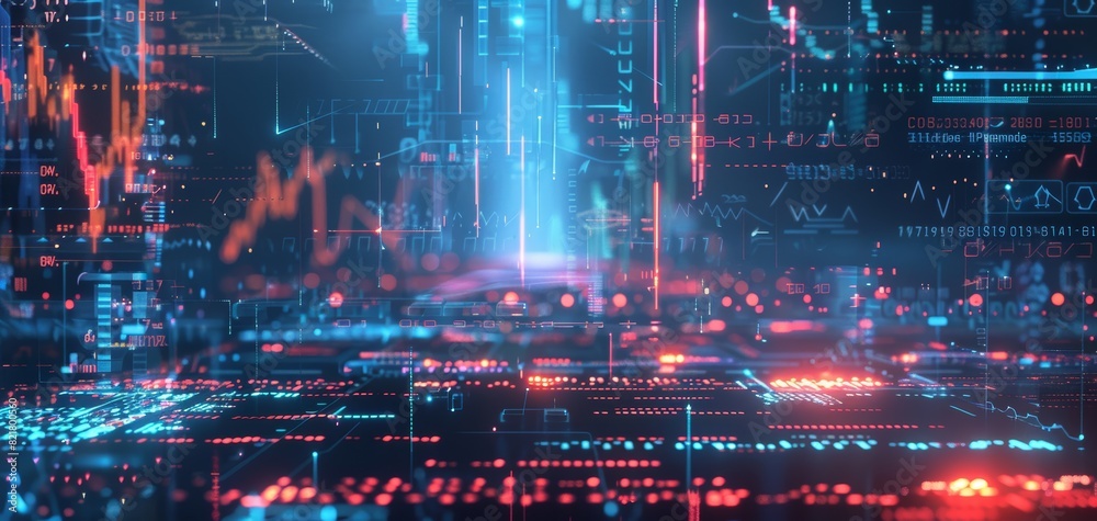 Obraz premium Futuristic digital technology interface with data and charts. Abstract virtual HUD background for AI, blockchain, and cybersecurity concepts.