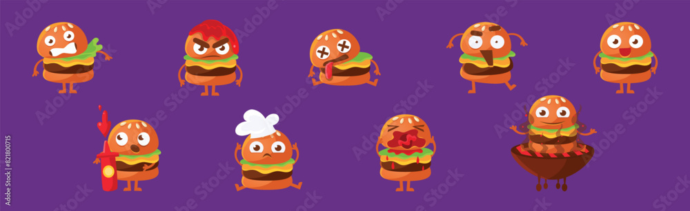 Cute Hamburger Character with Different Emotion Vector Set Cute Hamburger Character with Different Emotion Vector Set