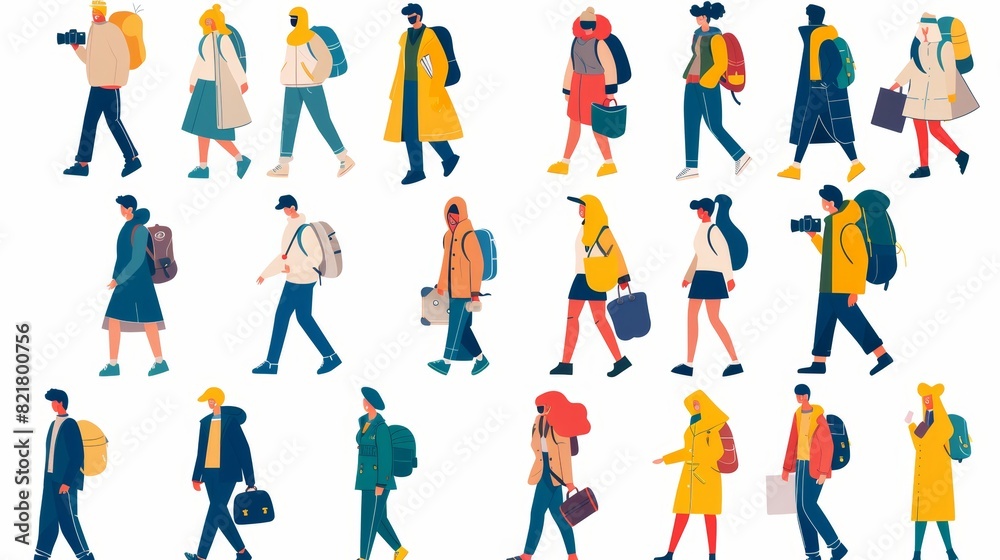 The set of walking people features tourist with a camera, businessman, teenager, student, a courier passing by, young men and women. The set of walking people features tourist with a camera, businessman, teenager, student, a courier passing by, young men and women.