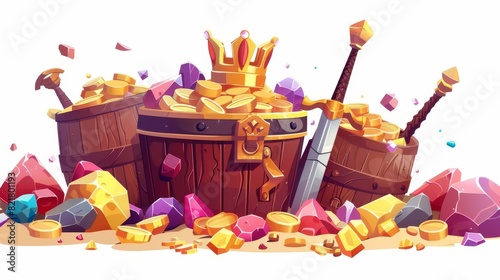A treasure chest, gold, a barrel of gold, a goblet full of precious stones, filibusters looting crystal gems, giant swords in piles of gold, and filibusters hiding, isolated game assets, cartoon