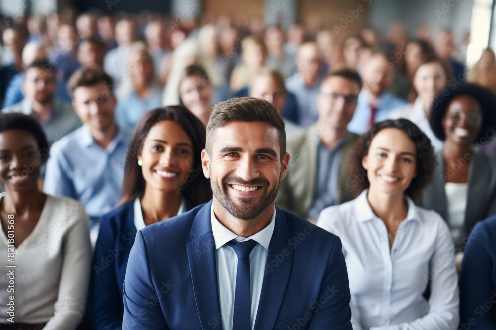 A group of diverse business professionals in suits smiling at a conference. A group of diverse business professionals in suits smiling at a conference.