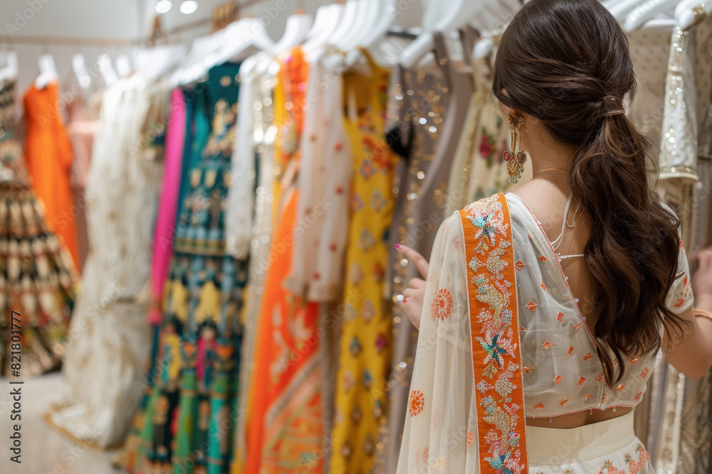 Young woman standing in the fashionable cloths shop