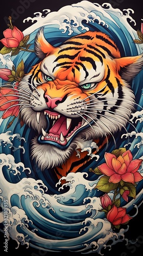 Fancy tiger  beautiful line drawing  brutal Japanese style tattoo design  brutal shirt combined with watermarks  tattoos  bright colors.