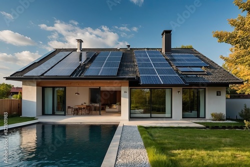 The roof of a modern house with eco-friendly solar panels in harmony with nature, ecology, saving natural resources, alternative energy source. photo