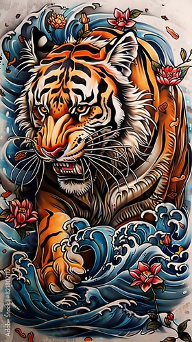 Fancy tiger  beautiful line drawing  brutal Japanese style tattoo design  brutal shirt combined with watermarks  tattoos  bright colors.