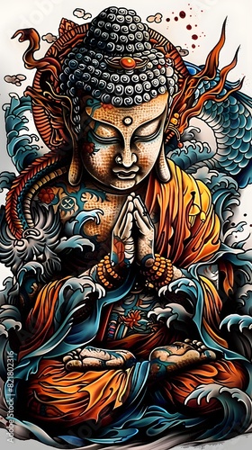 Fancy tiger, Buddha statue, beautiful line drawing Brutal Japanese style tattoo designs, brutal shirts combined with watermarks, tattoos, bright colors.